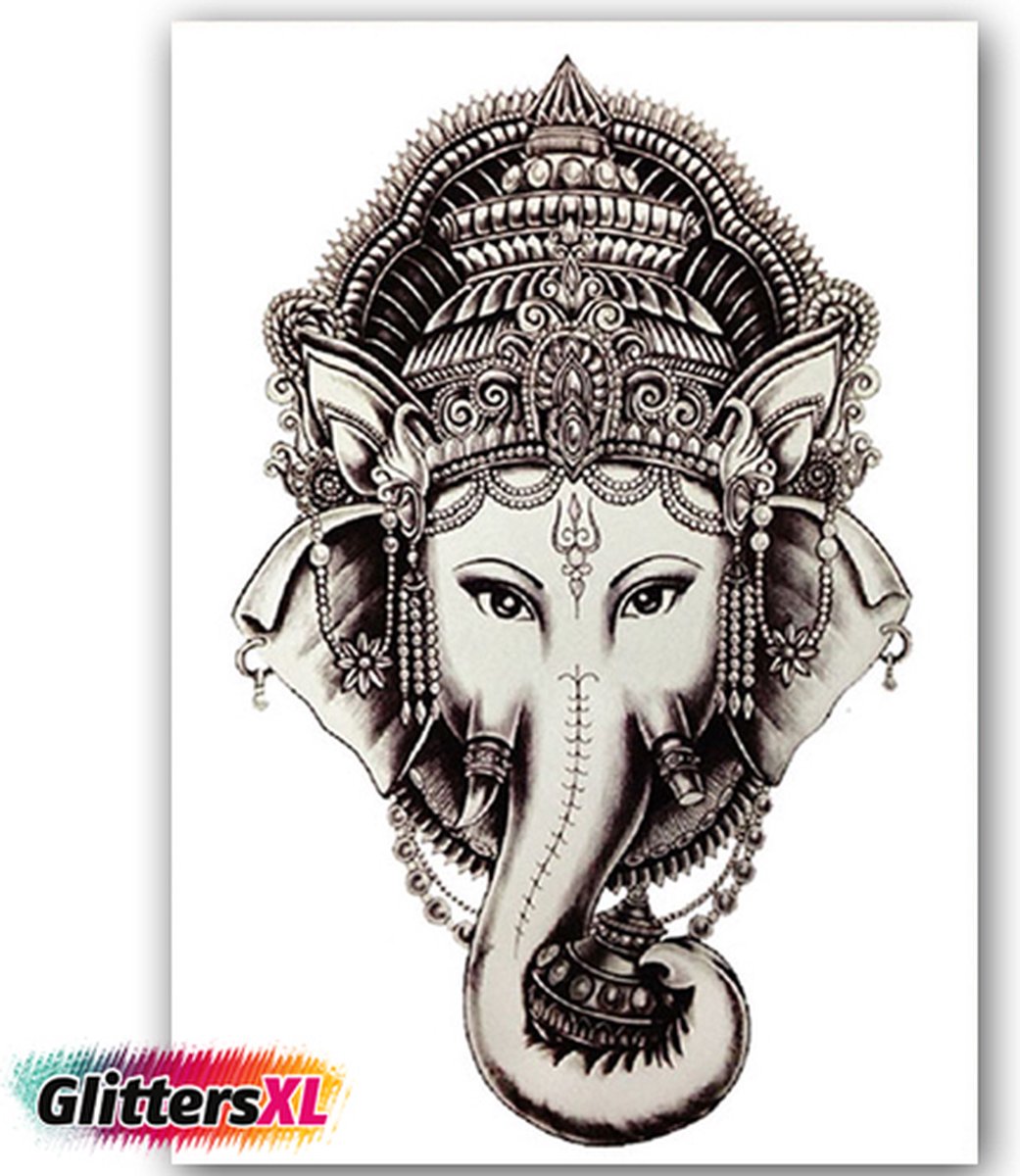 GlittersXL - Temporary Tattoo Spiritueel Olifant Ganesha (A5 formaat) [Neptattoo - Tijdelijke tatoeage - Nep Fake Tattoos - Water overdraagbare festival sticker henna outfit tattoo - Glitter tattoo - Volwassenen Kinderen Jongen Meisje]